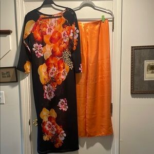 2 Piece Black Large Orange Dramatic Floral Shiny Melon Pant Set